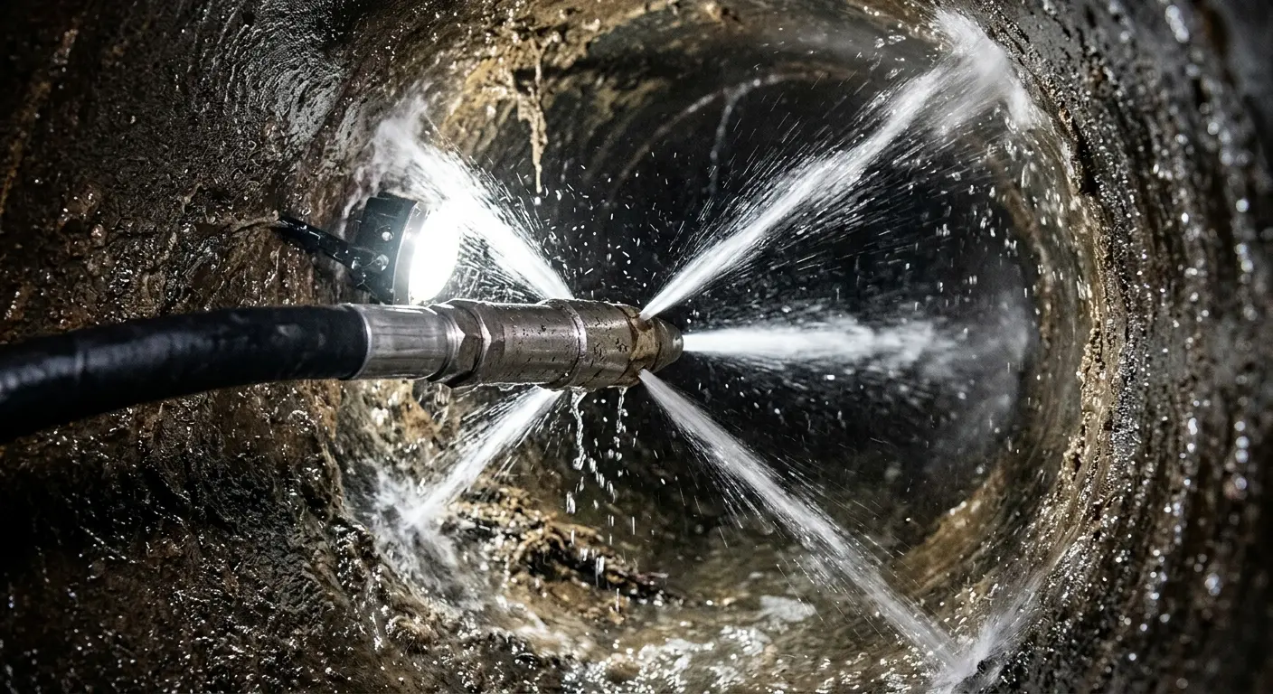 High-pressure hydro jetting nozzle cleaning sewer pipe for Trenchless Sewer Repair in Englewood