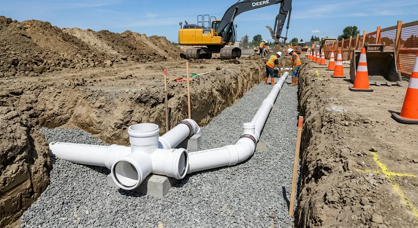 New PVC sewer pipe installation in open trench for Sewer Backup in Englewood