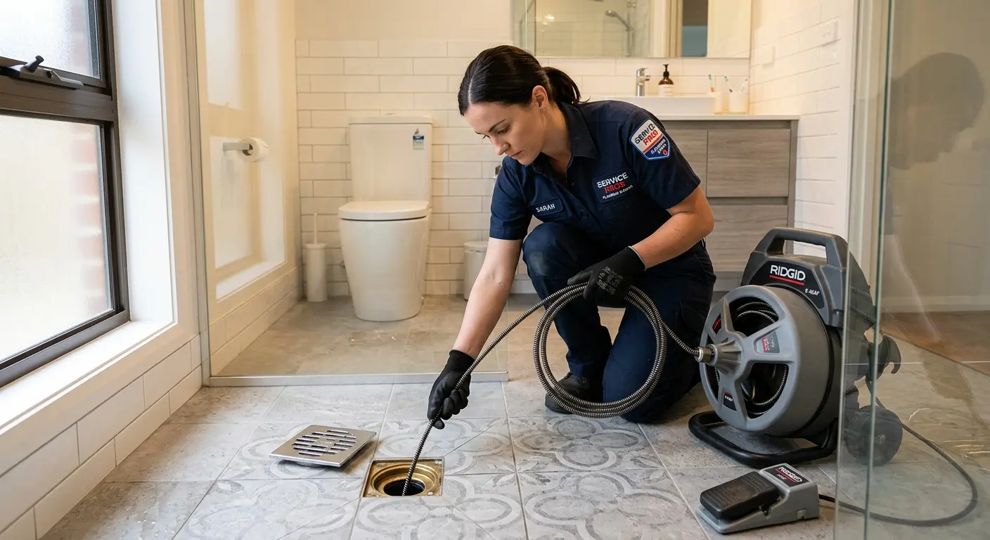 Technician clearing a bathroom floor drain for Hydro Jetting in Englewood